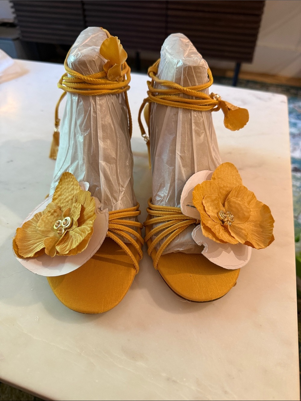 Sam Edelman Yellow Floral Ankle-Tie Heels